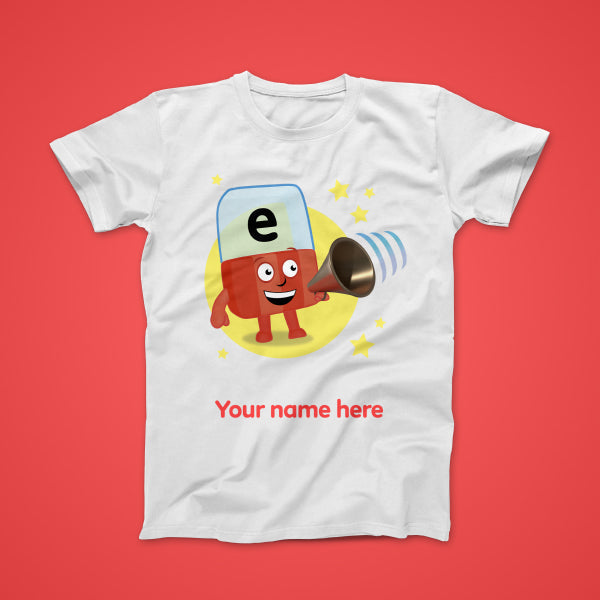 Alphablock E, personalised T